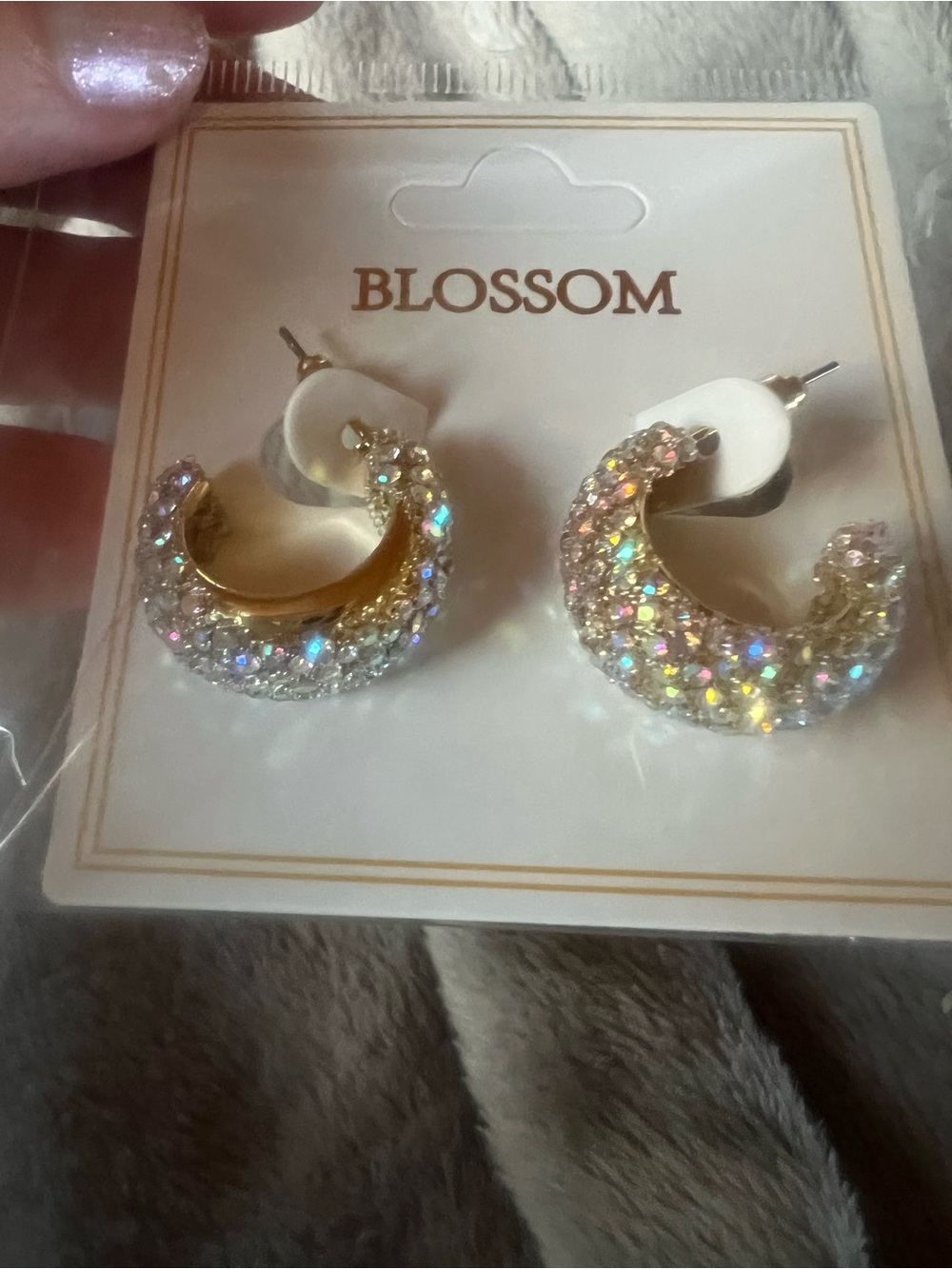 Blossom Glitter Crystal/Rhinestone Gold Tone Pierced Earrings, new with pkg.